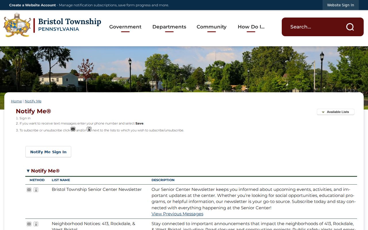 Bristol Township neighbors notice-geography categories on the Township subscription page