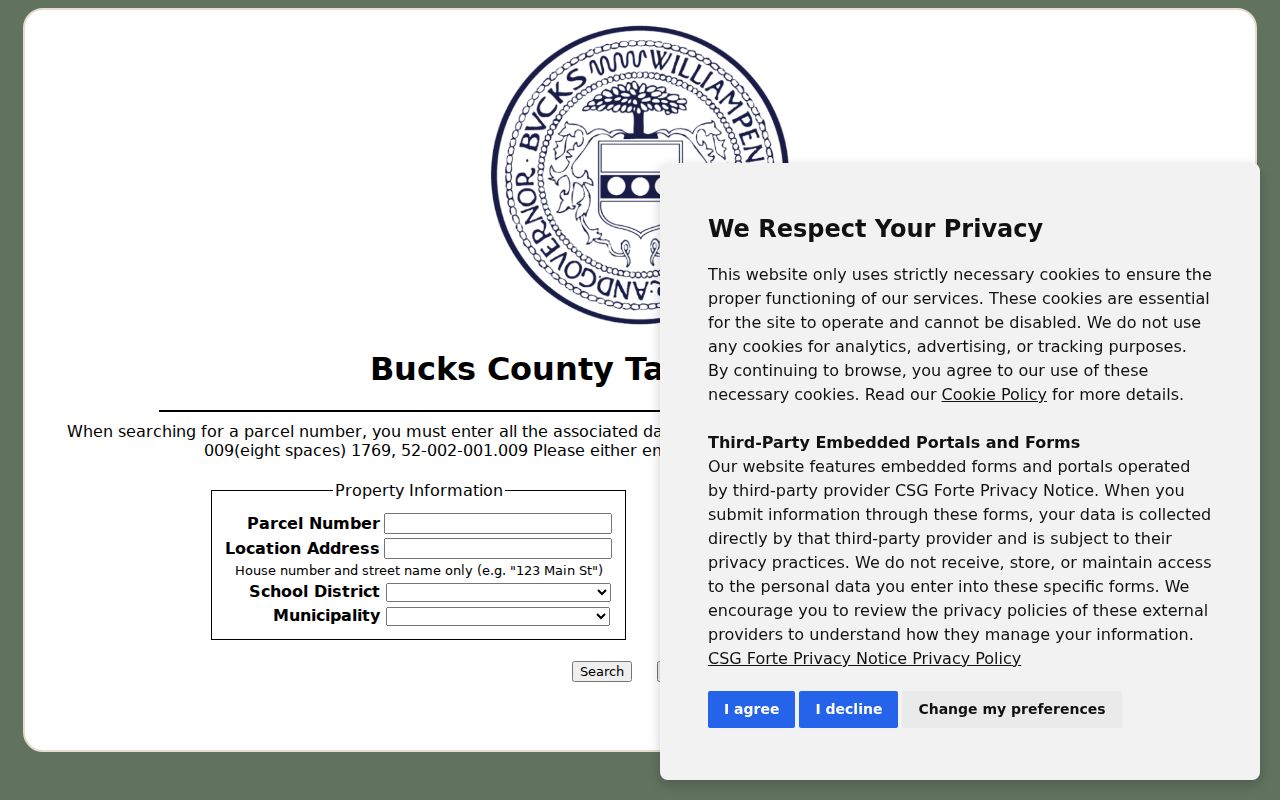 Bristol Township street directory property search fields in the Bucks County Tax Claim form