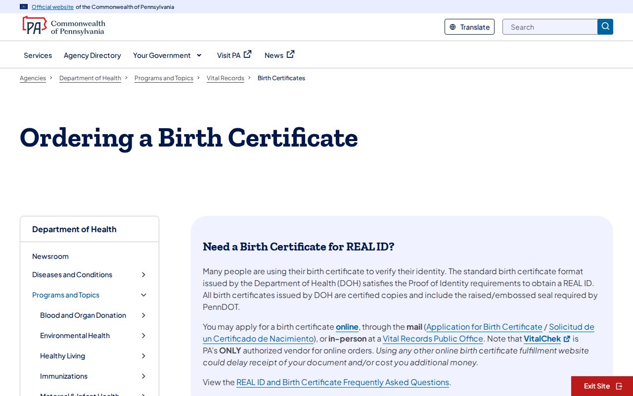 Bristol Township resident lookup source for Pennsylvania birth certificate application